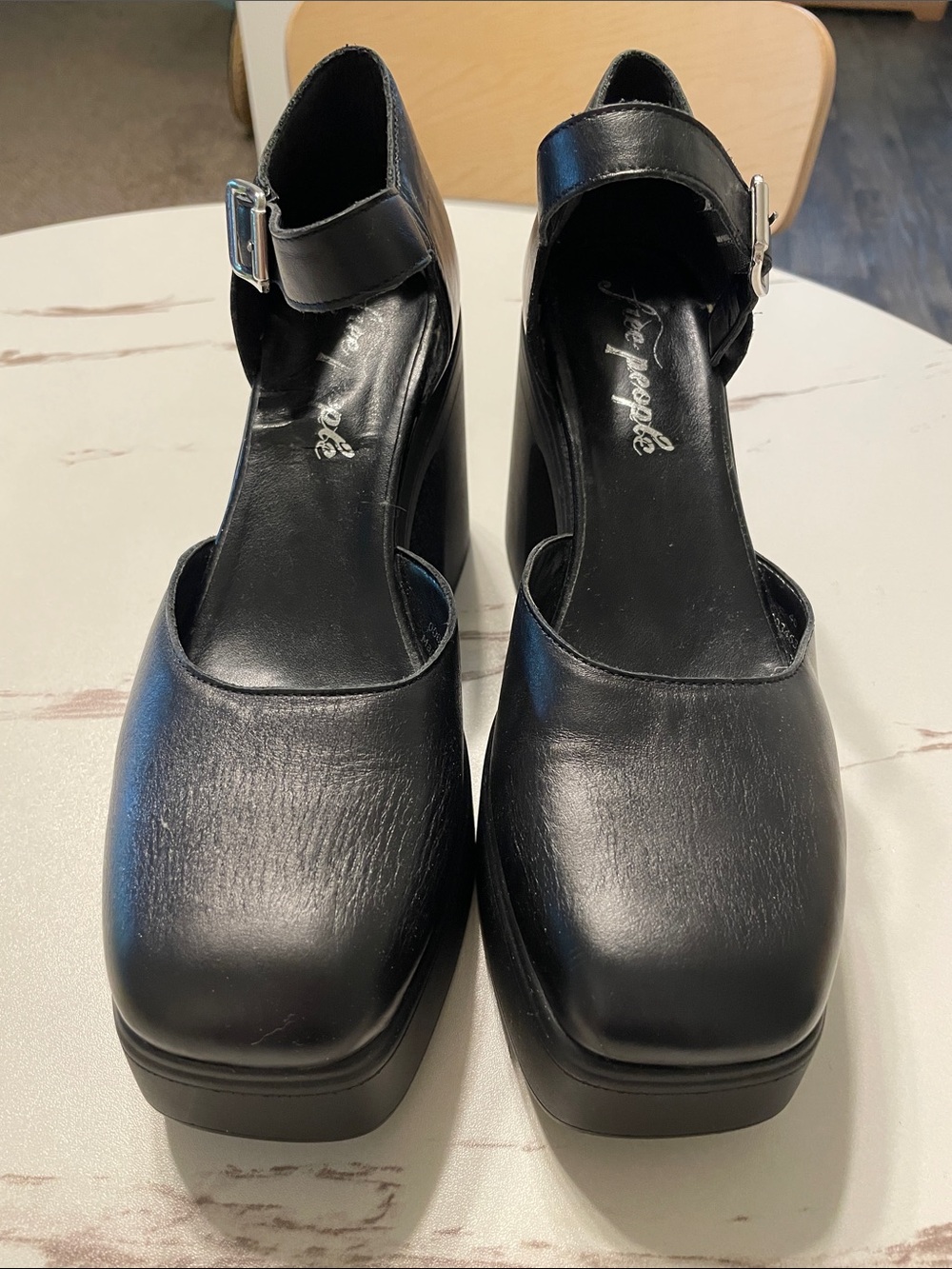 FREE PEOPLE Black Platform Mary Jane Heels with Ankle Strap very soft Leather 10